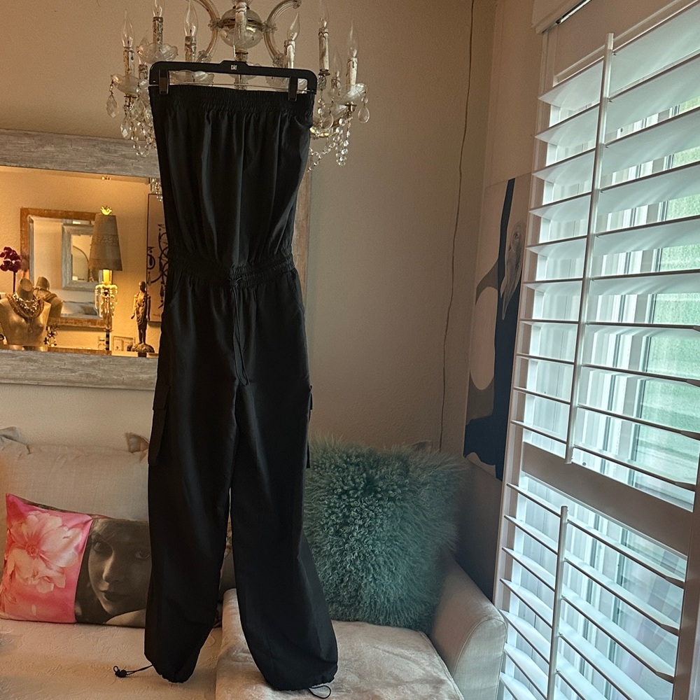 Women’s Black Strapless Utility Jumpsuit with Drawstring Ankles